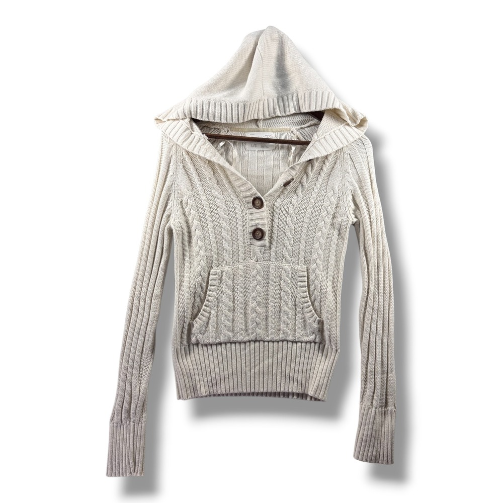 Aeropostale Womens Cream Cable Knit Hooded Henley Sweater Large Kangaroo Pocket